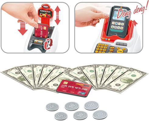 yoliyogo Playset 33pcs Set Pretend Play Cash Register Toy Role Play Shopping Cashier with Scanner Card Machine Toy