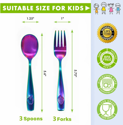 6 Piece Stainless Steel Kids Silverware Set, Child and Toddler Safe Flatware, Metal Kids Utensil Set (UV Rainbow)