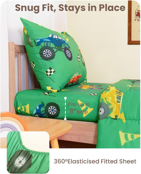 Set, 4-Piece Set TinyPalsa Toddler Bedding Green Monster Truck Comforter for Girls and Boys, Breathable Crib Bedding