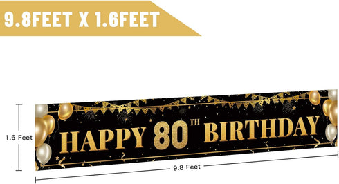 Large Black and Gold Happy 80th Birthday Decoration Banner, 80th Birthday Party Supplies (9.8x1.6ft)