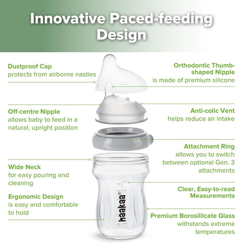 Gen.3 6.3 oz.180ml 6m+ -1 haakaa Natural Glass Baby Bottle - Wide Neck, Anti-Colic Varibale Flow Nipple for Breastfed