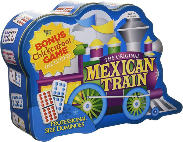 Mexican Train Double 12 Professional Size Dominoes with Bonus Chickenfoot Game, Travel Tin Board Game, 91 Tiles, Fun