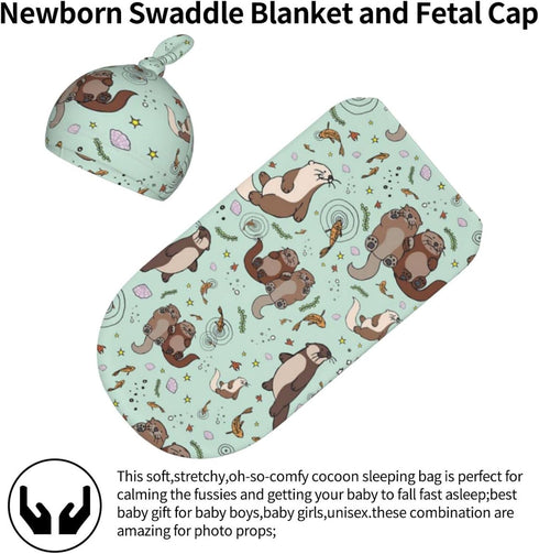 Osvbs Sets, Cute Sea Otters Newborn Swaddle Blankets Beanie Hat Soft Otter Baby Stuff Blanket Swaddle Sack for Baby