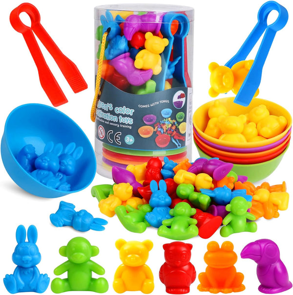 Counting Animals Color Sorting Matching Games with Sorting Bowls, Montessori Sensory Educational Toys for 3-5 Year Olds