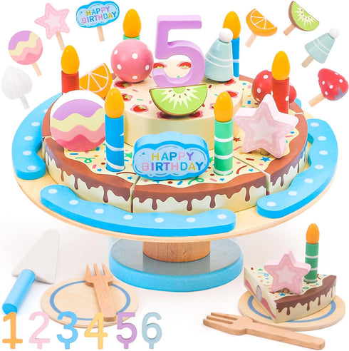 HAPGFS Wooden Birthday Cake Toy Set for Kids, Realistic Birthday Cake with