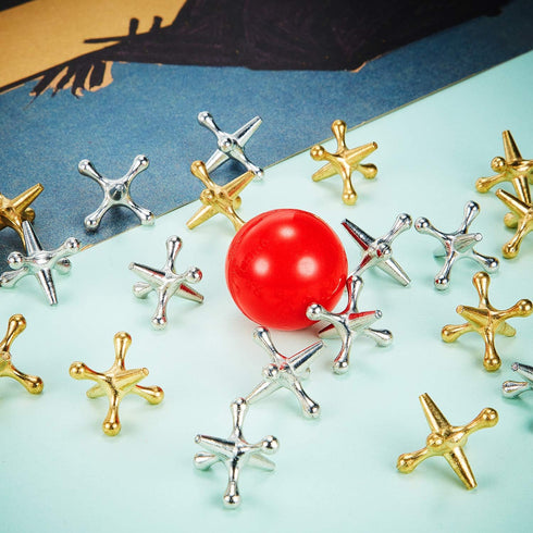 Gejoy 2 Sets 2 20 Metal Jacks Game with Ball Pieces Red Rubber Balls and Pieces Classic Retro Vintage Jacks Toy