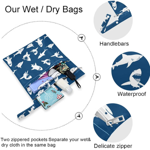 visesunny 2Pcs Fun Shark Wet Bag with Zippered Pockets Washable Reusable Roomy