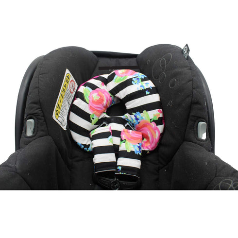 Set, Infant Car Seat Head Support Watercolor Floral and Black White Stripes, Newborn Head Rest, Baby Strap Covers