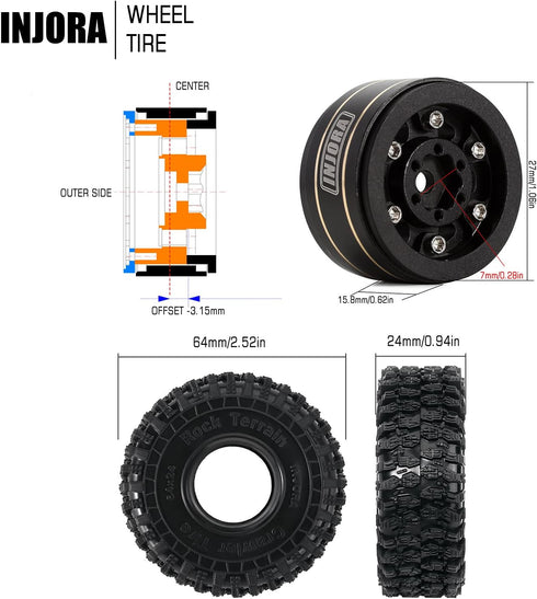 INJORA 1.0 Brass Beadlock Tires Set 4PCS for 1/18 TRX4M 1/24 RC Crawler Car Axial SCX24 Upgrade