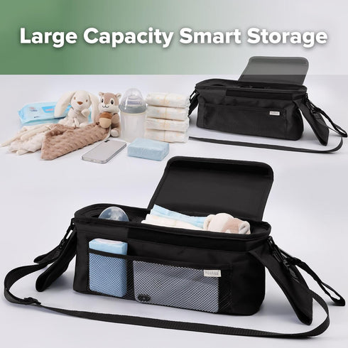 haakaa Universal Stroller Organizer - Black, Single Cup Holder, Stroller Caddy Accessories with Shoulder Strap & Extra