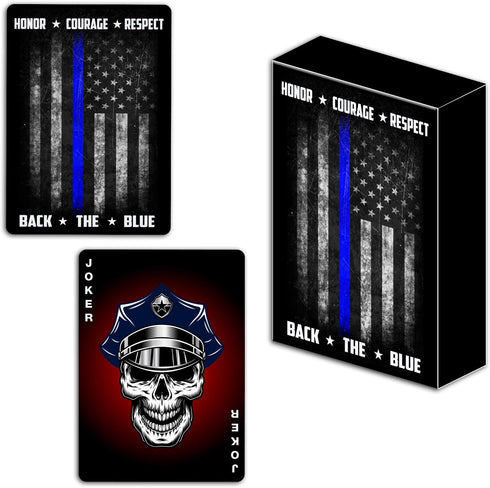 Military Gift Shop Police Officer Playing Cards & Dice in Wooden Keepsake Box - Thin Blue Line Flag