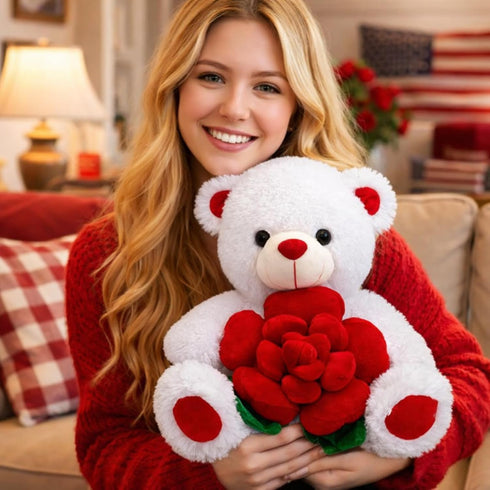 16 inches BEJOY Teddy Bear Stuffed Animals Plush Bear Holding Rose Soft Plush Toy Gifts White