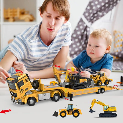 Set Bulldozer 3-7 Alloy Die-Cast Construction Vehicles Toys w/Semi Truck, Excavator & - Real Lights & Sounds, Movable