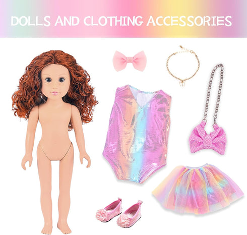 ZITA ELEMENT 18 Inch American Doll with Clothes and Accessories, Rainbow Dress, Bow, Bag, Shoes, Hairpin, Necklace
