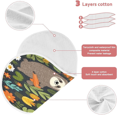 Bulletgxll Set 4, Sloths with Flowers Unisex Baby Burp Cloths of Soft Absorbent Organic Cotton Muslin Burping Cloths