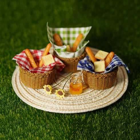 1:12 9PCS Miniature Food Dollhouse Accessories Garden Decor Scale Bread Honey Picnic Basket Cloth Flowers Garden
