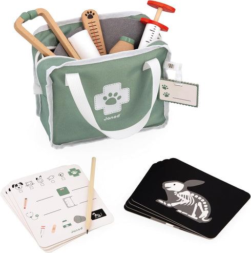15-Piece 3+ J06466 Janod Pretend Play Vet Suitcase Role Play Veterinary Kit in Durable Zip-Up Cloth Case with Badge