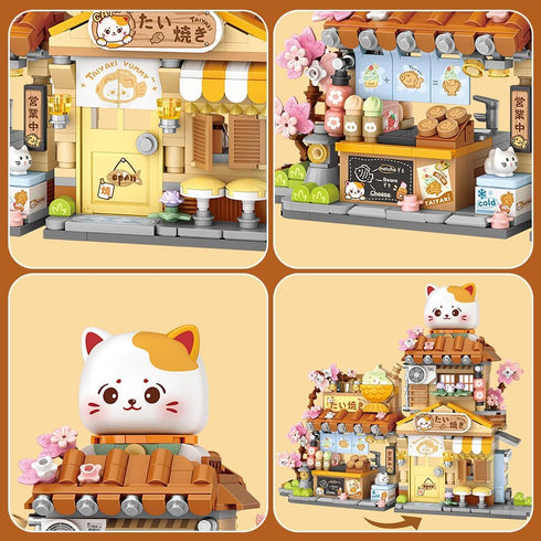 Set,Openable 923PCS 8+ Lucky Cat Building Taiyaki Shop Mini Brick Building Toy for Boys Girls Age