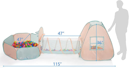 UTEX 3 in 1 Pop Up Kids Play Tent with Tunnel and Ball Pit, Indoor/Outdoor Playhouse, Orange Pink/Light Green