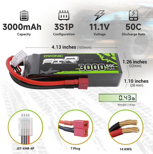 OVONIC 3S 50C 3000mAh 11.1V Boat(2 Packs) Lipo Battery Lipo Battery with Dean-Style T Connector for RC Airplane