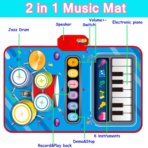 Baby Musical Mat Toddler Toys Age 1-2, 3 in 1 Piano Drum Play Mat for 12-18 Months, Birthday Gifts for Boys Girls