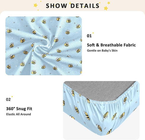 miaozhen 1 Pack 52x28 Cotton Crib Sheets for Baby Boys Girls Soft Breathable Naughty Animal Bees Blue Toddler Bedding