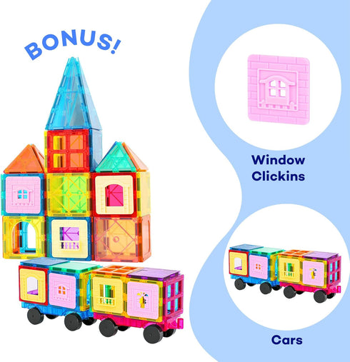 Magnetic Tiles, 100PCS Building Blocks Set for Kids, STEM Sensory Educational Toys with 2 Cars for Ages 3-9