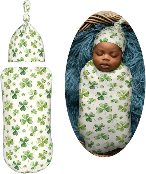 Sets Watercolor Shamrock Newborn Swaddle Blankets Hat Soft Baby Receiving Blanket Swaddle Sack for Baby Shower Infant