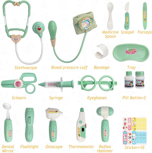 3 4 5 30-Piece Liberry Doctor Kit for Toddlers Years Old, Kid Doctor Toy with Stethoscope, Costume, Green Medical