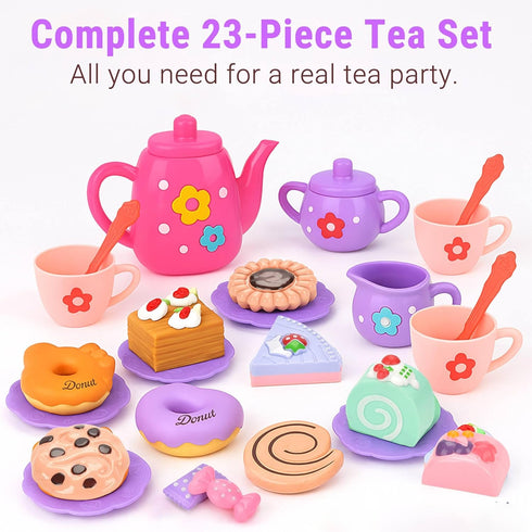 Set 3-5, 23-Piece Set Lajeje Toddler Tea Party for Girls Ages Pretend Play Tea for Kids with Teapot, Cups, Plates