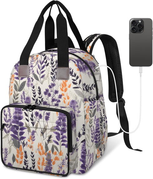 Eativisa Backpack-Multi-functional Lavender flowers Diaper Bag mother and baby bag Thermal compartment USB charging