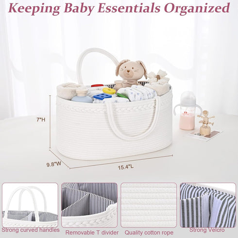 13.5L 15.3"x9.8"x7" Baby Diaper Caddy Organizer, Cotton Rope Diaper Basket, Changing Table Storage Caddy With Removable