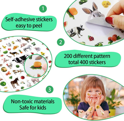 Farm Animal Stickers for Kids, 400Pcs Assortment Barnyard Animal Decals for Birthday Party Decorations and School