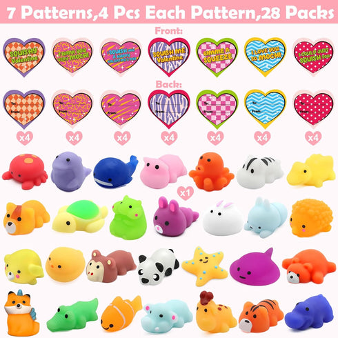 28 Pack SURCVIO Valentines Day Gifts for Kids, Animal Mochi Squishies Filled Heart-Shape Box and Greeting Cards Kawaii