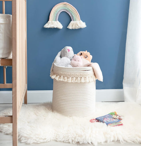 Closet 15.7"x19.6" Mkono Macrame Decorative Cotton Rope Basket Boho Nursery Decor Small Cute Woven Tassel Storage Bins