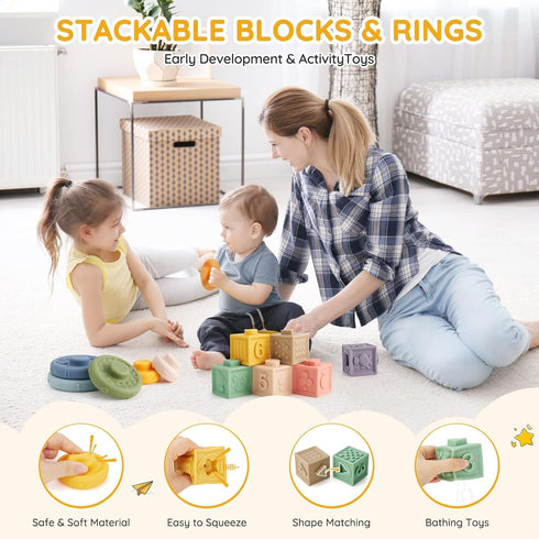 6-12-18 1-2-3 VoMii Baby Toys Months, Montessori Toys for Babies Newborn Teether Sorting Stacking Blocks Spinner Toy