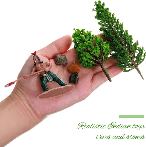 28 Pcs Native American Indians Figures Set - Cowboys Historical Diorama Materials Kit with Mixed Model Trees and Green