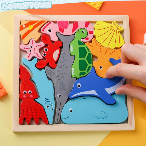 LovesTown 12PCS Wooden Stacking Puzzles, Educational Sea Animal Chunky Jigsaw Puzzles for Kids