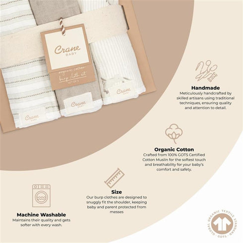 100% 3-pc. Set Crane Baby Organic Cotton Burp Cloth - GOTS Certified Cotton, Absorbent & Lightweight with Bunny