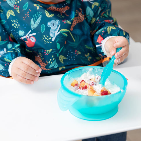 Bumkins Baby Bowl: Silicone Feeding Set with Suction, Spoon, and Lid for Baby Led Weaning, Blue Jelly