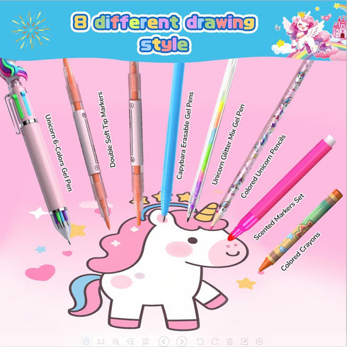 DreamyCandy 73PCS Set 4-6-8,Kids Unicorn Washable Markers with Glitter Pencil Case, Art Supplies and Craft for Girls