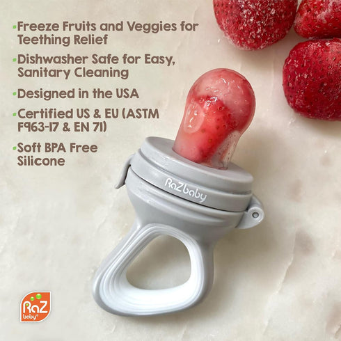 RaZbaby Baby Fruit Feeder Pacifier - Silicone Teething Toy for Infants 6M+, BPA Free, Tan, Add Frozen or Fresh Food