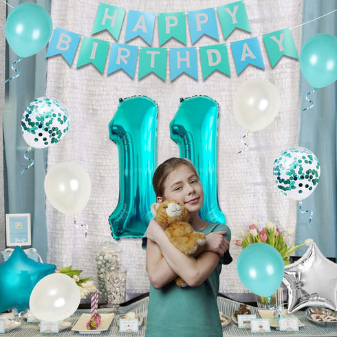 Happy 11th Birthday Decorations for Girls Teal - Teal Fringe Curtain, Turquoise Banner, Number 11 Foil Balloon, Cake
