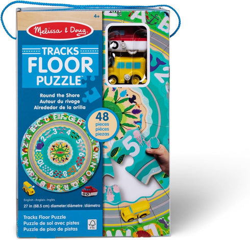 Melissa & Doug Round the Shore Tracks Cardboard Jigsaw Floor Puzzle - 48 Pieces with Wind-Up Vehicles for Boys and