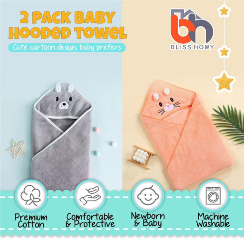 BLISS HOMY 2 pack Hooded Bath Towel for Toddlers Soft & Absorbent Kids Towel Large Hooded Baby Towel for Boys & Girls