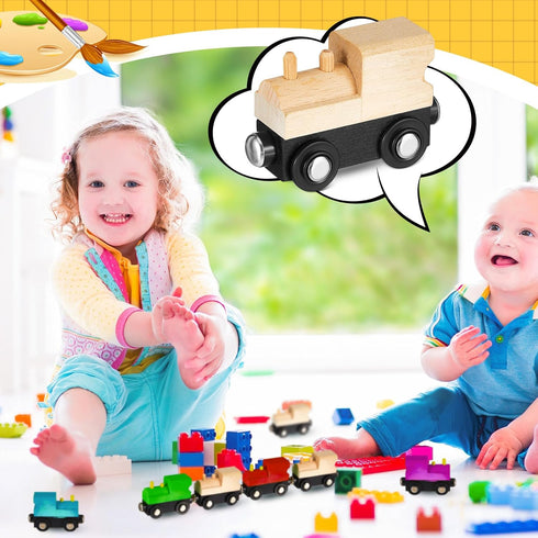 30 Halloscume Pcs Unfinished DIY Wooden Trains Magnetic Unpainted Wooden Train Cars Toys for Railway Paint Project