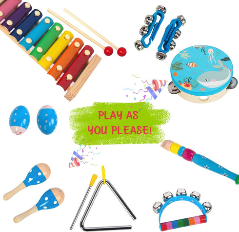 Wooden Musical Instruments Set for Toddlers 1-3, Natural Wood Percussion Instruments Gift Set with Storage Bag