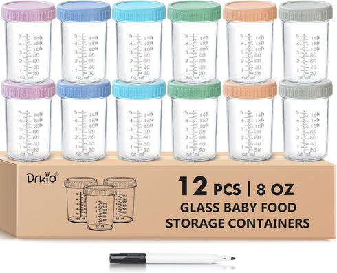 DRKIO 12 Pack Glass Baby Food Storage Containers - 8 Oz Baby