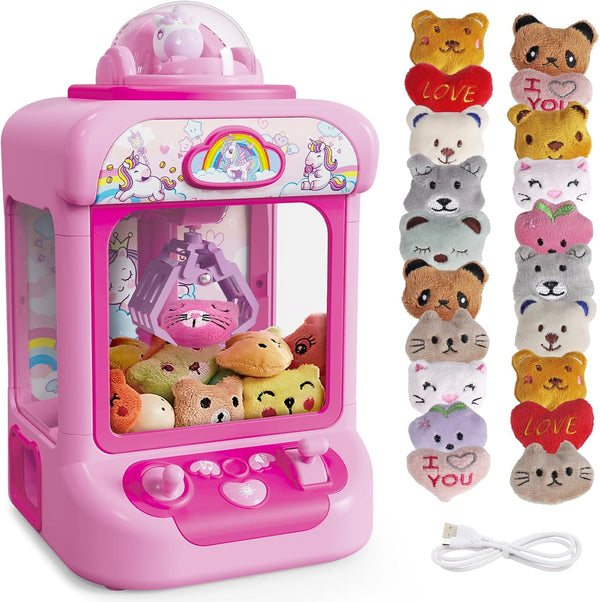 Claw Machine for Kids - Mini Vending Machine with Unicorn Toys, Candy Grabber Prize Dispenser, 20 Mini Plush Toys