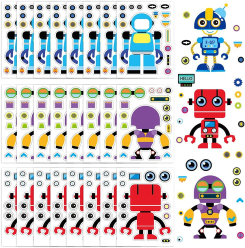 ArtCreativity Make Your Own Robot Character Sticker Assortment, Set of 24 Sheets for Kids' Arts ‘n Crafts Activity
